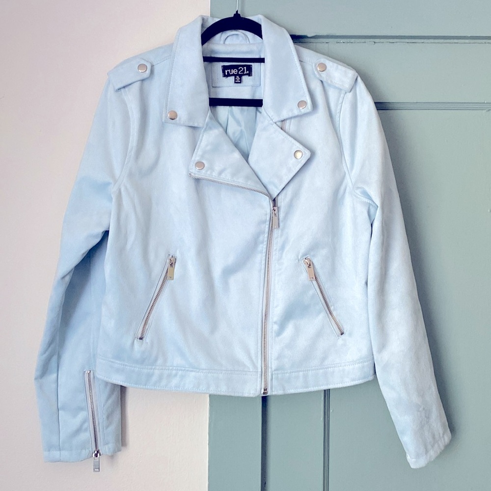 Suede jacket light blue with silver hardware silk inside lining